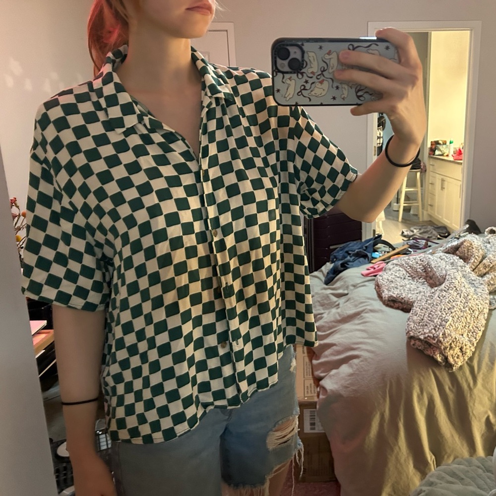 Wild Fable Green and Cream Checkered Top